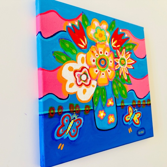 Original Painting Collectible Flowers Butterflies 12"x12" One of a Kind - Picture 2 of 3